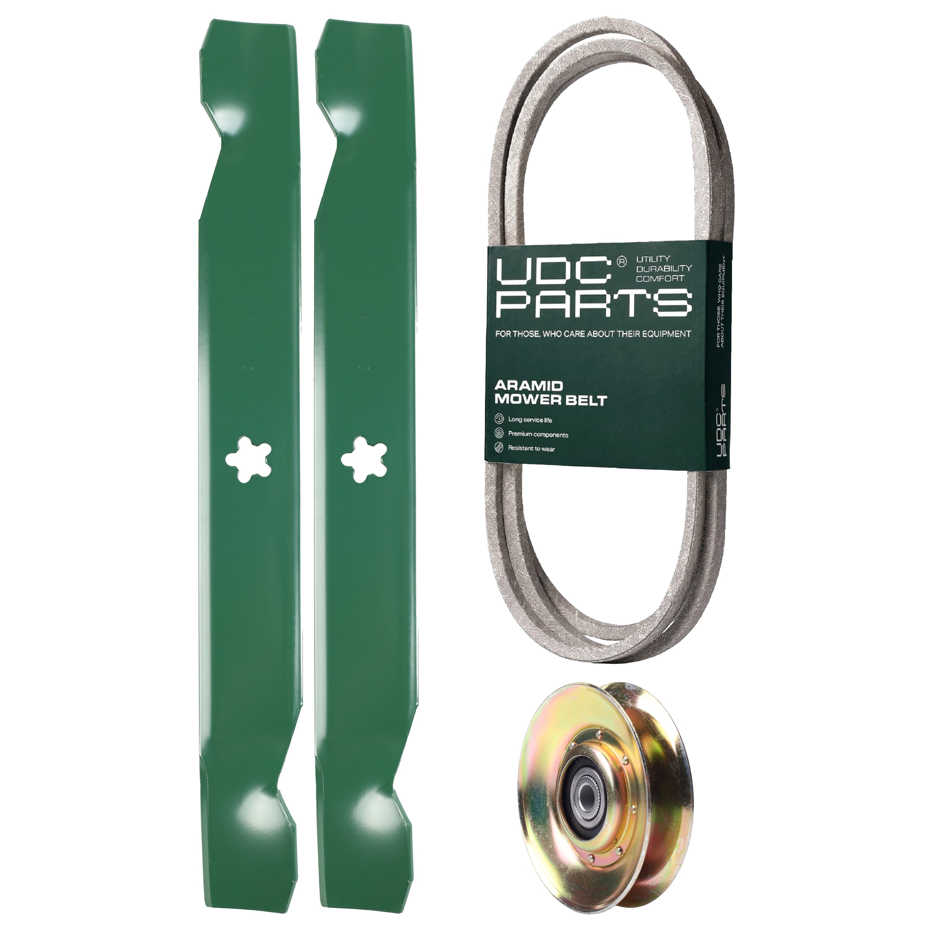 Aftermarket Lazer Mower Parts -  Stars-deals Mower Kit / Belt 138255 + Pulley 127783 + 2 Pack Blades 138497 / Fits Lazer LZ11597 LZ12597AK